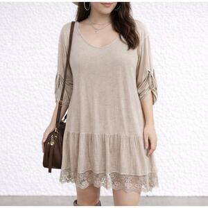 Cherish Boho Lace Hem Tunic Dress Beige Flowy Cottagecore Size L
